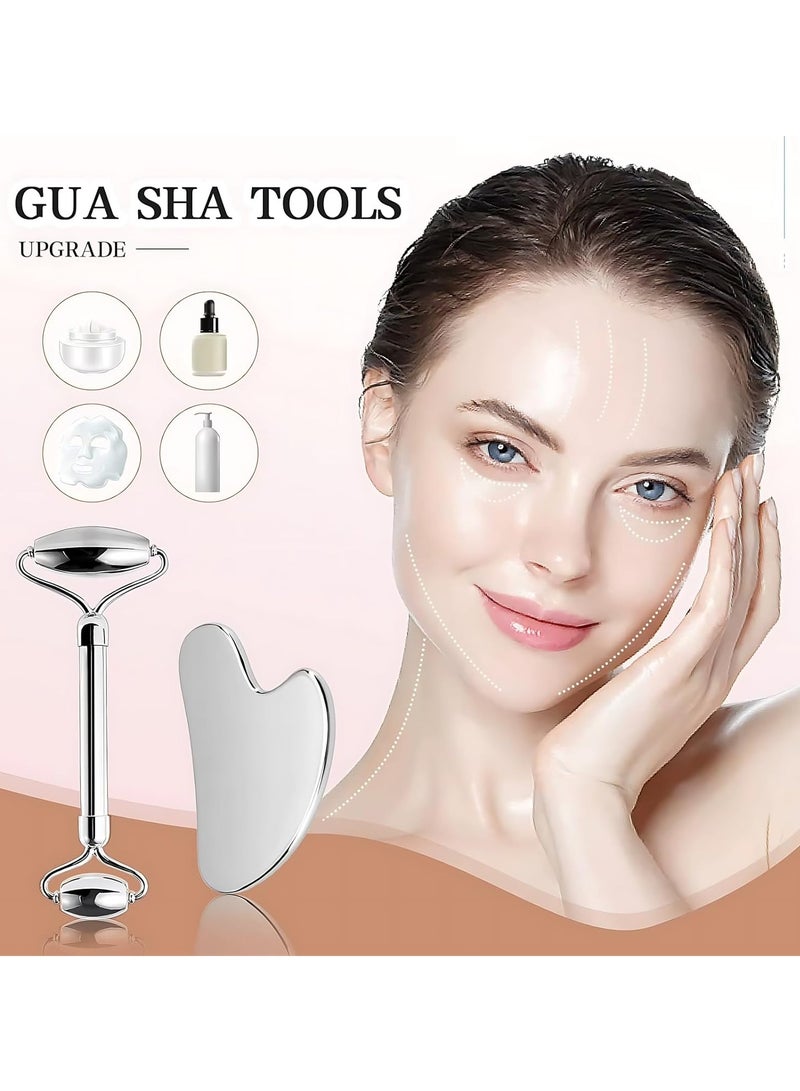 cyleto Stainless Steel Face Roller & Gua Sha Set - Anti-Aging Facial Massage Tools for Skin Tightening, Puffiness Reduction, Neck & Eye Rejuvenation - Hygienic Metal Home Skincare Tools - Image 3