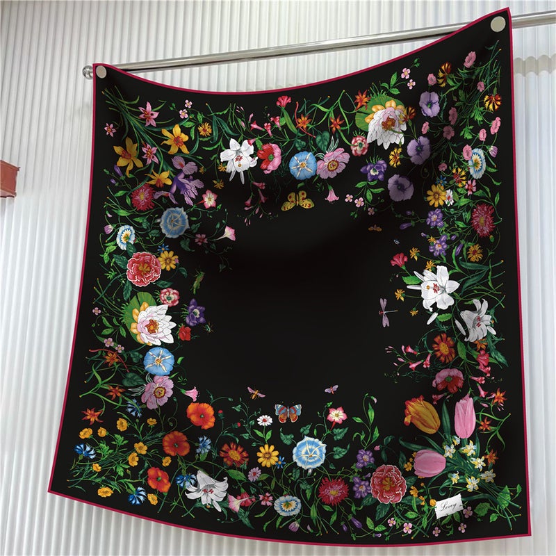 ISI New 90Cm Silk Scarf Floral Printed Women'S Twill Large Square Scarf Travel All-Match Decorative Shawl Sunscreen Scarf Hijab - Image 2