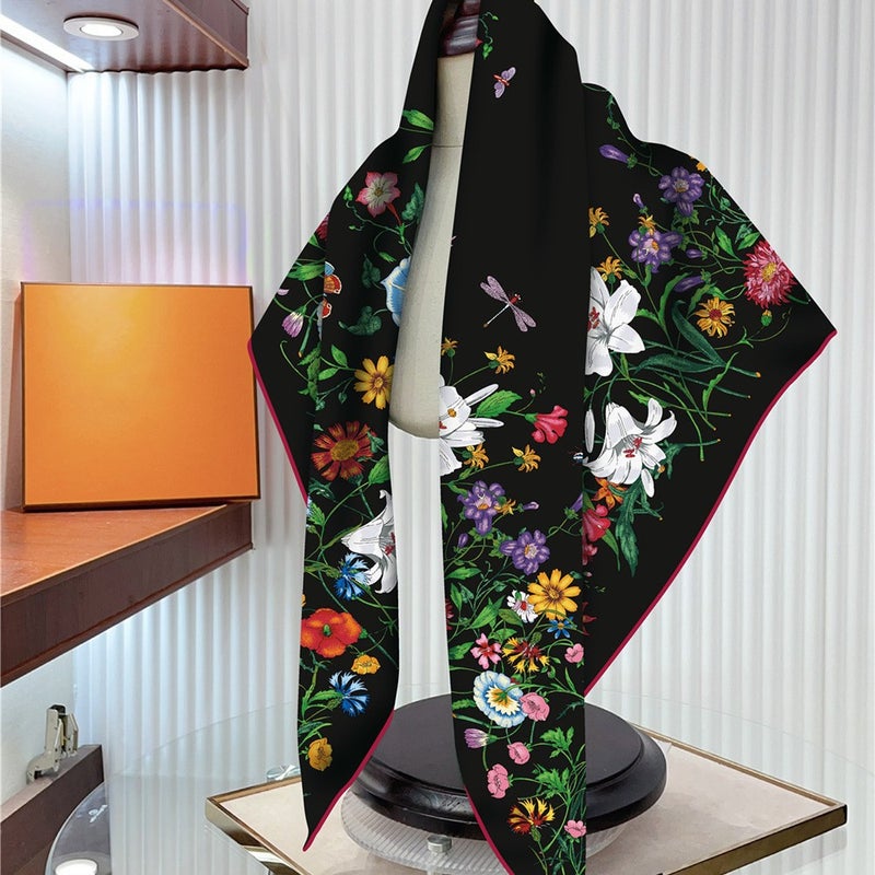 ISI New 90Cm Silk Scarf Floral Printed Women'S Twill Large Square Scarf Travel All-Match Decorative Shawl Sunscreen Scarf Hijab - Image 3