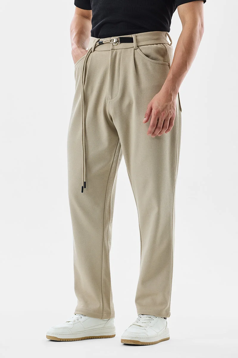 SNITCH Beige Solid Loose Fit Casual Trousers