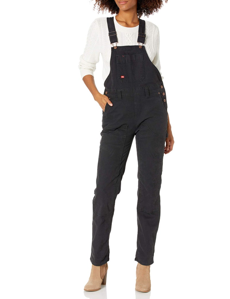 Dickies Womens Duck Double Front Bib Overalls Rinsed Black L