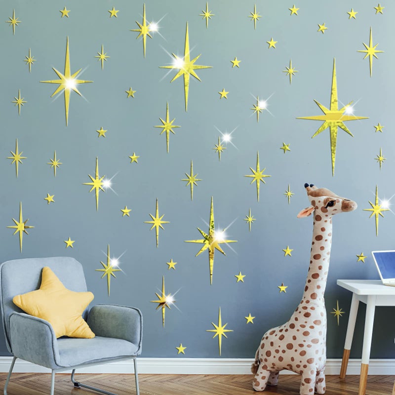 Easma Mirror Wall Stickers Gold Star Wall Decal Peel and Stick 3D Acrylic Decals Removable Stars Adhesive Mirror Starburst Art Decor Sticker for Home Living Room Bedroom Decoration - Image 3