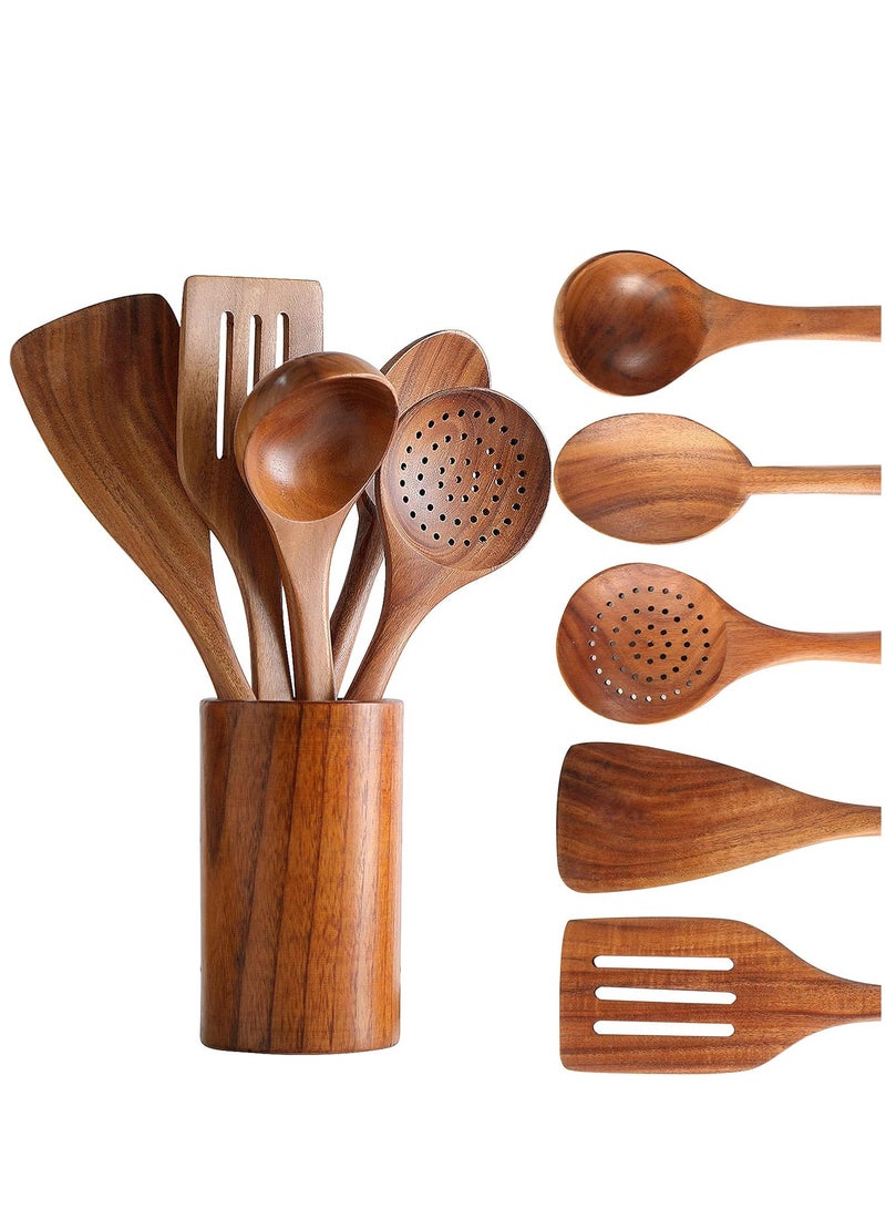 Bukela Wooden Kitchen Utensils Set, 6Pcs Natural Teak Wooden Spoons For Non-stick Pan for Cooking, Includes Spoons, Ladles, Strainer Spoon, Salad Fork - Image 1