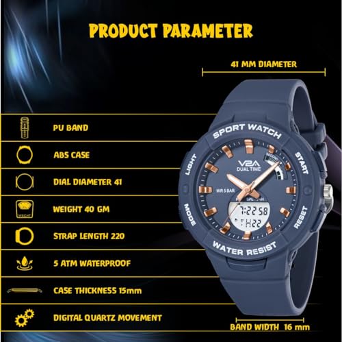 V2A Analog Digital Waterproof Fashion Sports Watch With Backlight Alarm Stopwatch For Women And Girls (Grey, Resin) - Image 4