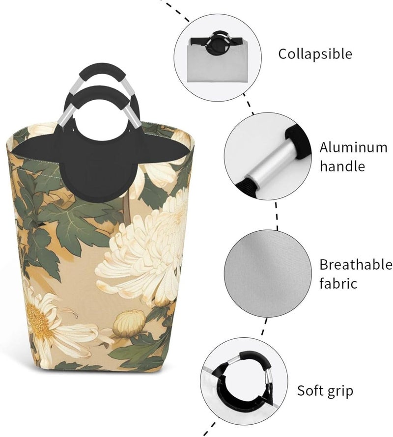 Fine Brushwork Chrysanthemum Painting Collapsible Laundry Hamper With Handles, Tall Waterproof Laundry Basket For Bedroom & Dorm - Image 4