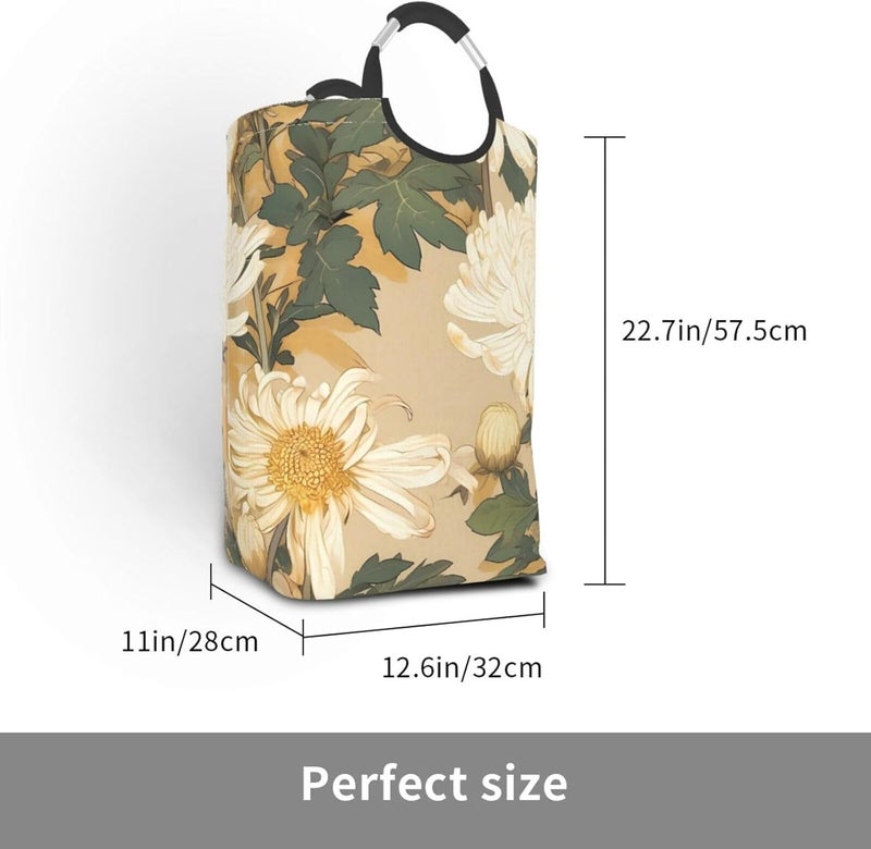 Fine Brushwork Chrysanthemum Painting Collapsible Laundry Hamper With Handles, Tall Waterproof Laundry Basket For Bedroom & Dorm - Image 3