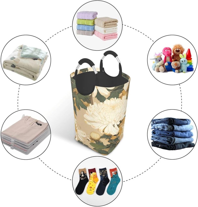 Fine Brushwork Chrysanthemum Painting Collapsible Laundry Hamper With Handles, Tall Waterproof Laundry Basket For Bedroom & Dorm - Image 5