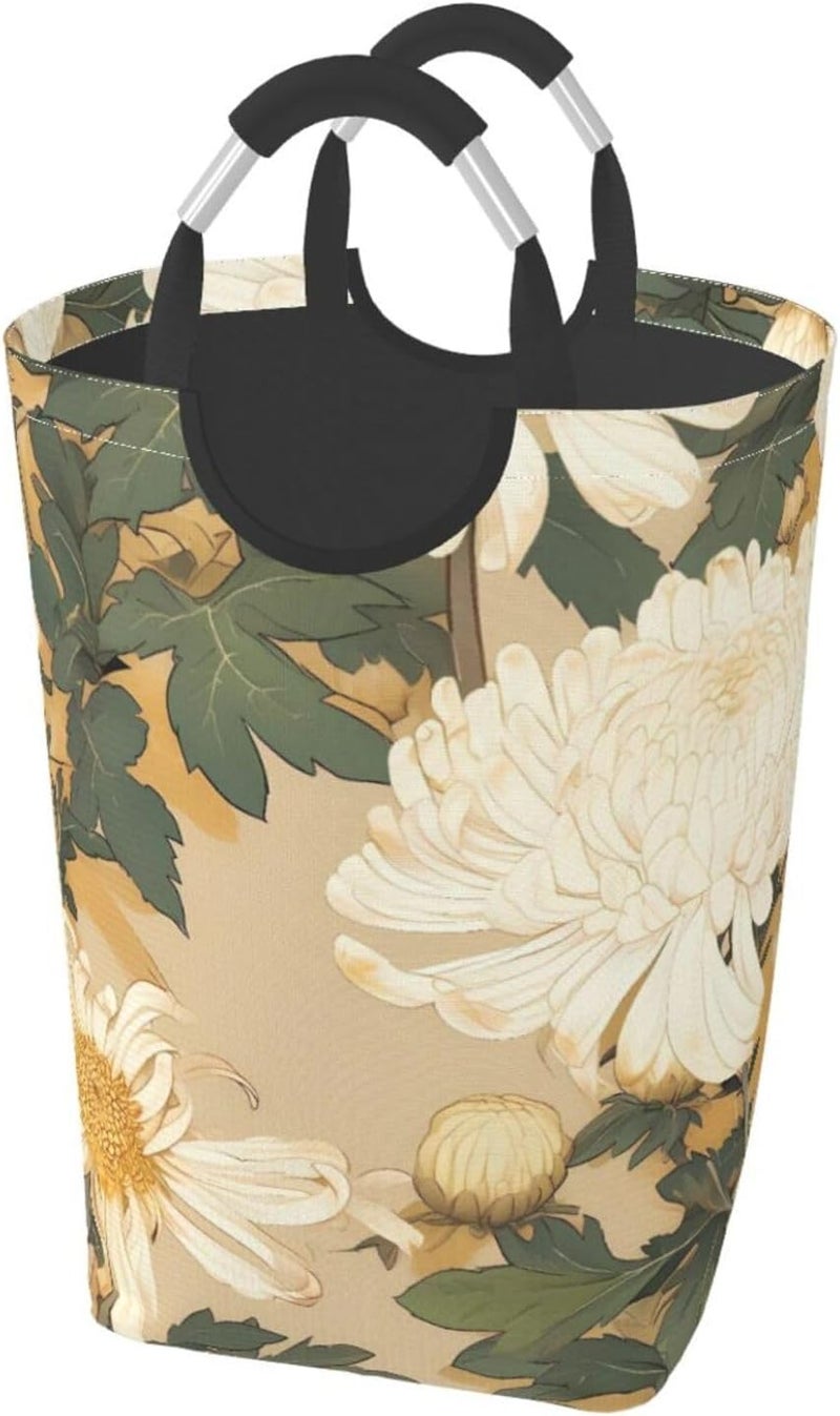 Fine Brushwork Chrysanthemum Painting Collapsible Laundry Hamper With Handles, Tall Waterproof Laundry Basket For Bedroom & Dorm - Image 1