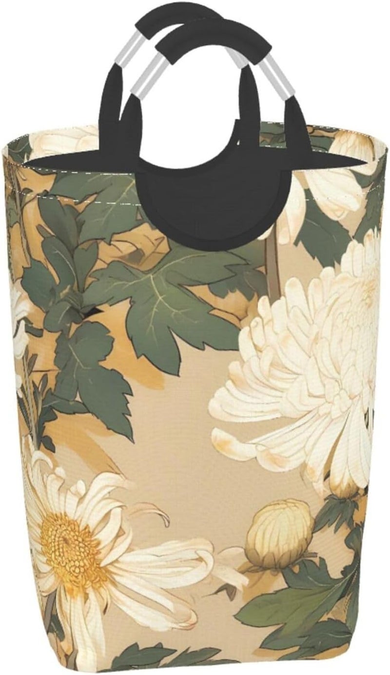 Fine Brushwork Chrysanthemum Painting Collapsible Laundry Hamper With Handles, Tall Waterproof Laundry Basket For Bedroom & Dorm - Image 2