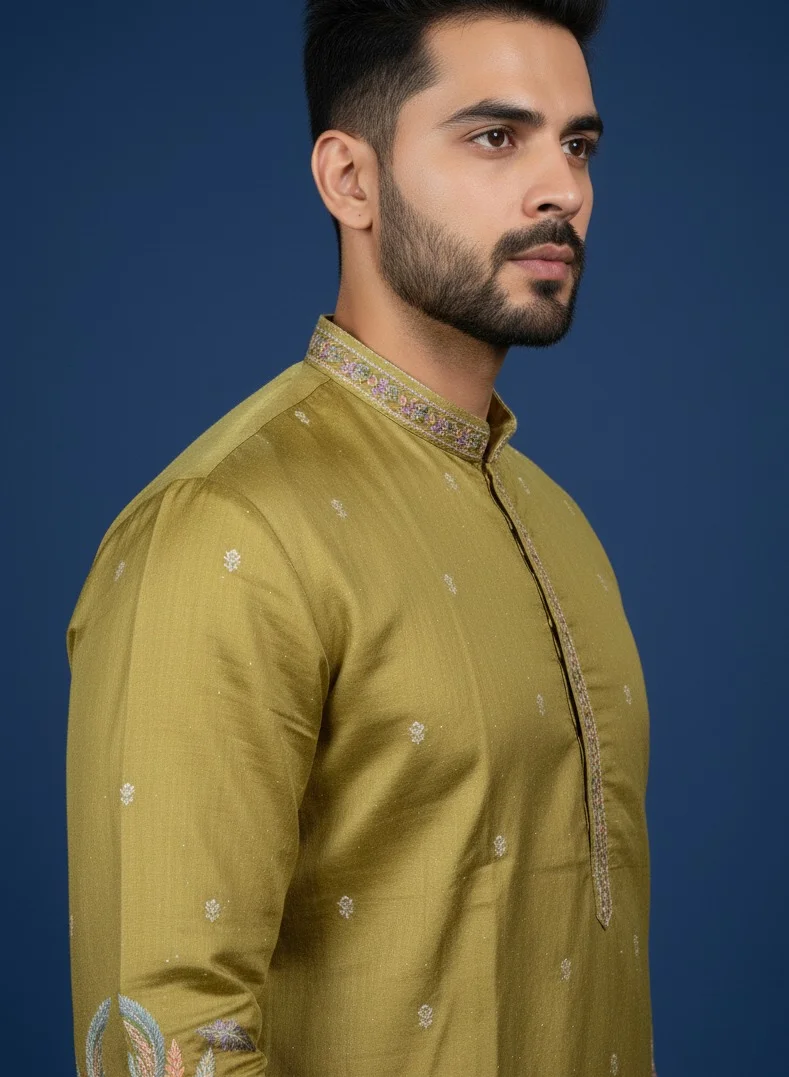 Lehar  Mustard Embroidered Kurta Set for Men | Best Price UAE