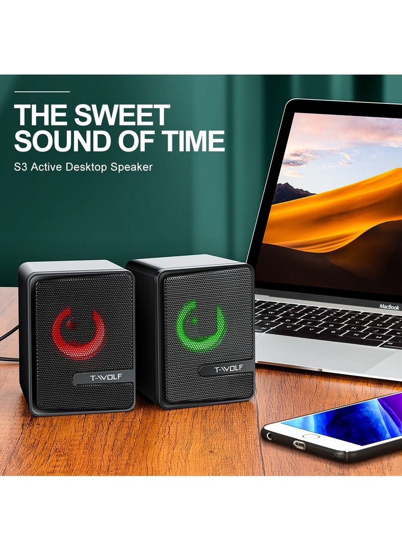 T-WOLF - RGB Gaming Speakers Wired Dual Computer Colorful LED Lights Loudspeaker Stereo Bass Satellite Speakers - Black - Image 1