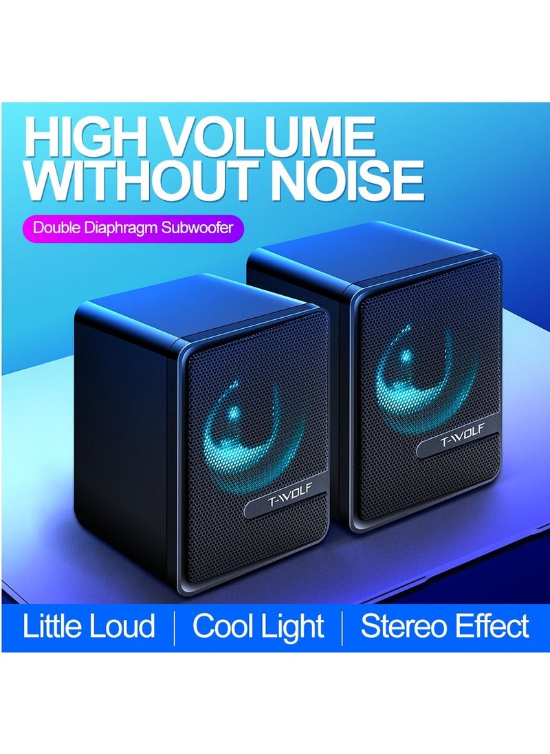 T-WOLF - RGB Gaming Speakers Wired Dual Computer Colorful LED Lights Loudspeaker Stereo Bass Satellite Speakers - Black - Image 1