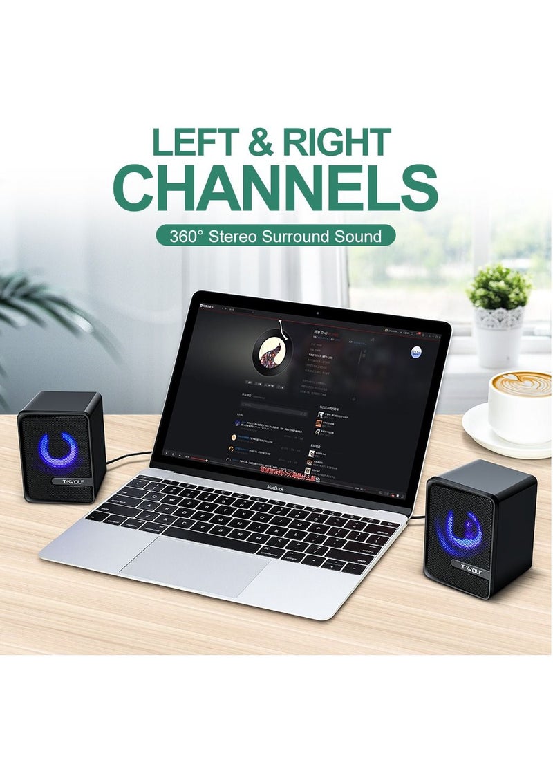 T-WOLF - RGB Gaming Speakers Wired Dual Computer Colorful LED Lights Loudspeaker Stereo Bass Satellite Speakers - Black - Image 1