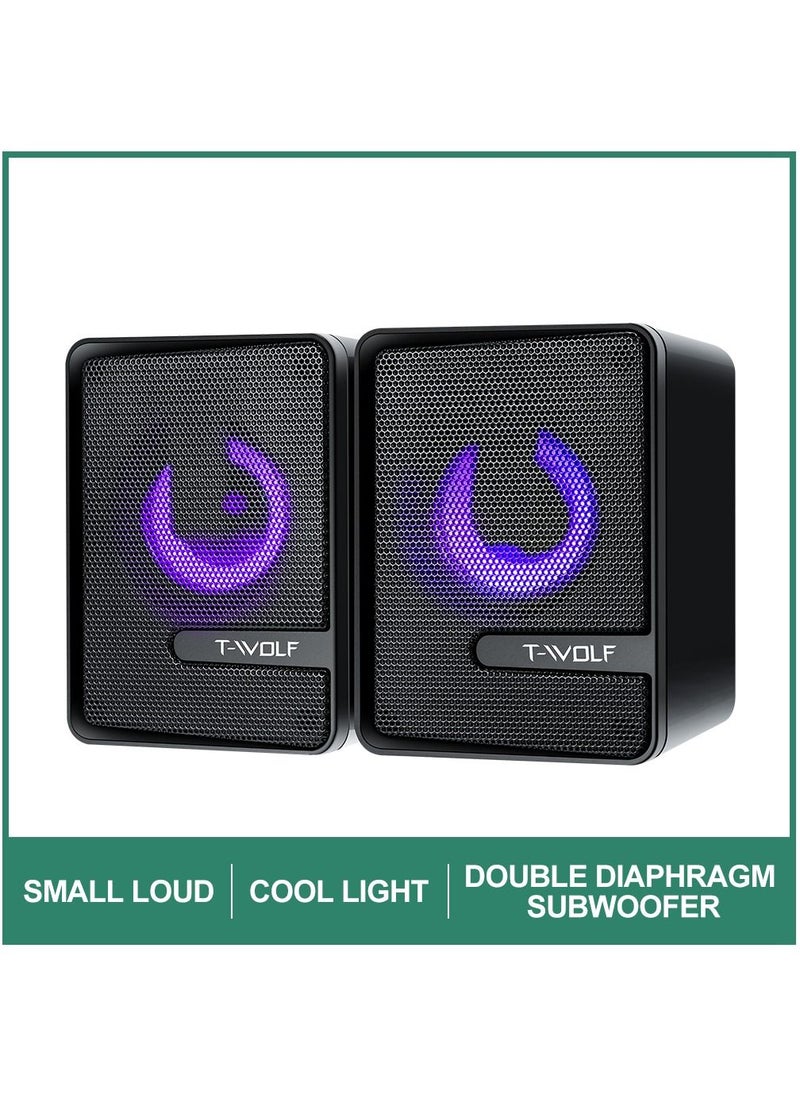 T-WOLF - RGB Gaming Speakers Wired Dual Computer Colorful LED Lights Loudspeaker Stereo Bass Satellite Speakers - Black - Image 1