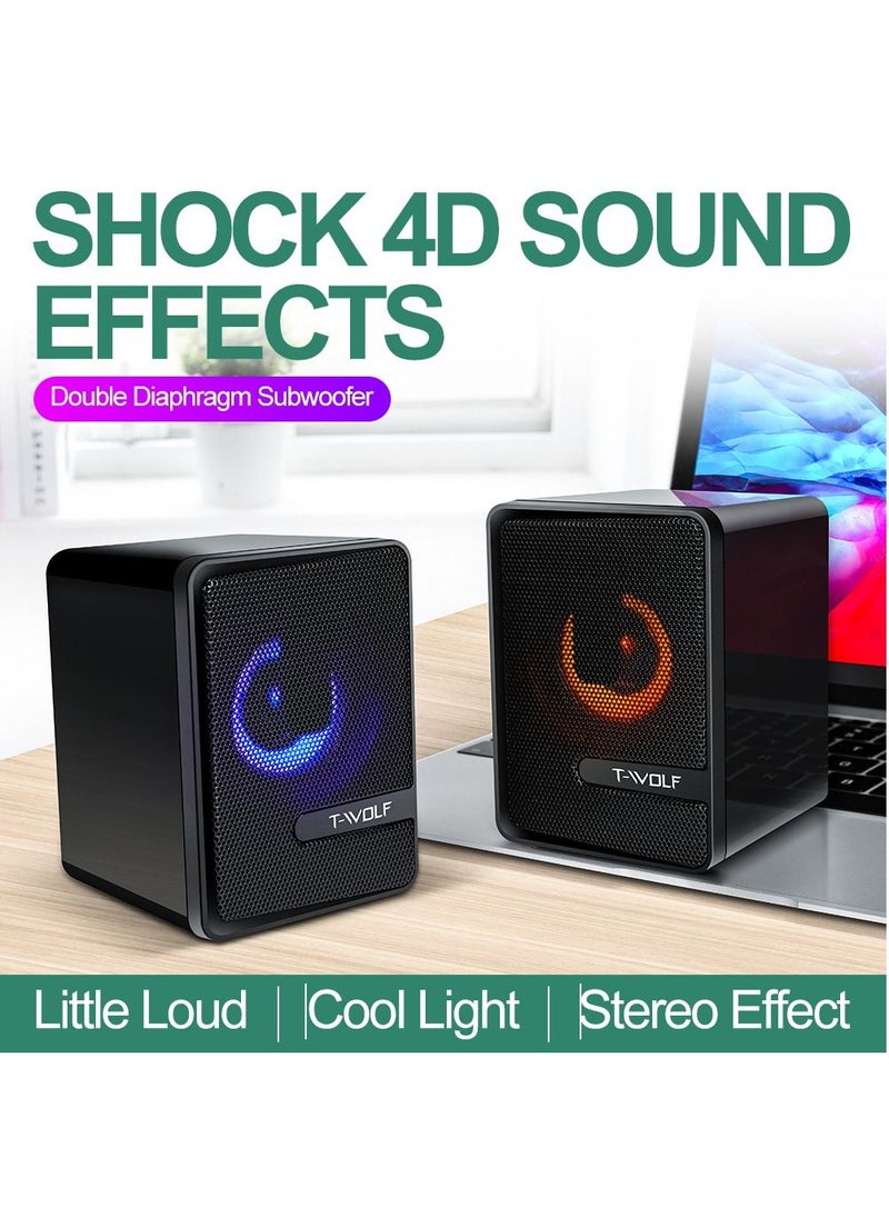 T-WOLF - RGB Gaming Speakers Wired Dual Computer Colorful LED Lights Loudspeaker Stereo Bass Satellite Speakers - Black - Image 1