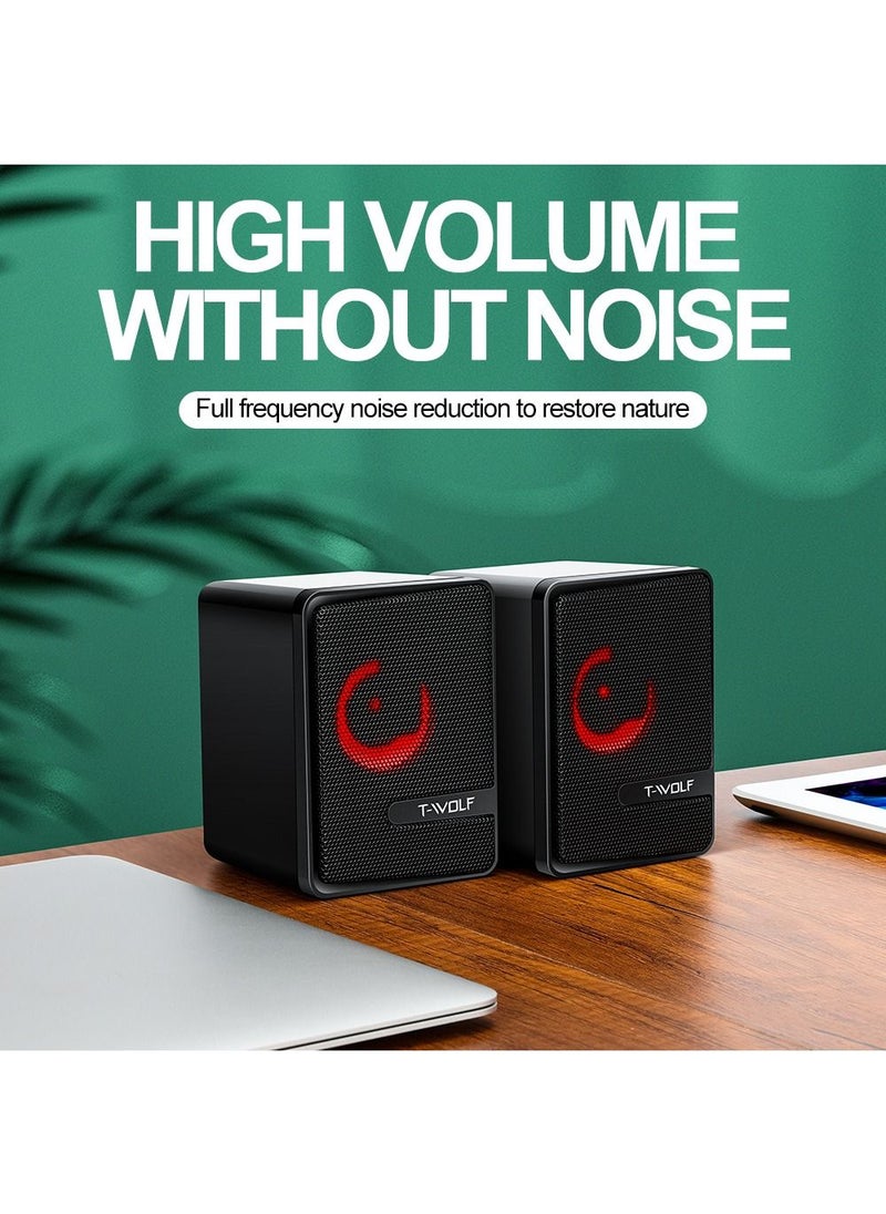 T-WOLF - RGB Gaming Speakers Wired Dual Computer Colorful LED Lights Loudspeaker Stereo Bass Satellite Speakers - Black - Image 1