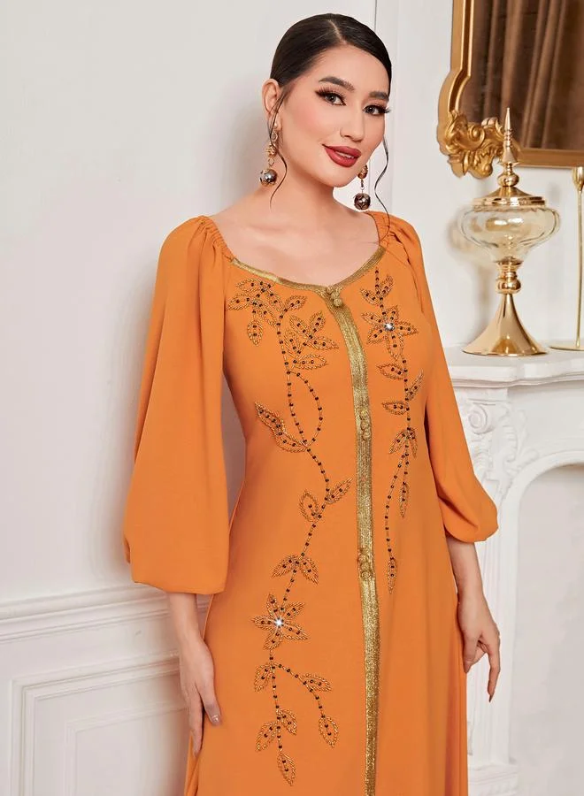 Take Two Orange Women's Solid Rhinestone Embellished Long Sleeve Elastic Cuff Golden Trim Jalabiya for Women | Best Price UAE