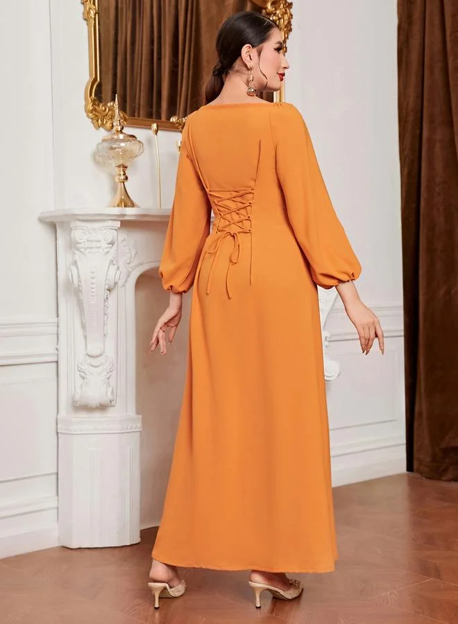 Take Two Orange Women's Solid Rhinestone Embellished Long Sleeve Elastic Cuff Golden Trim Jalabiya for Women | Best Price UAE