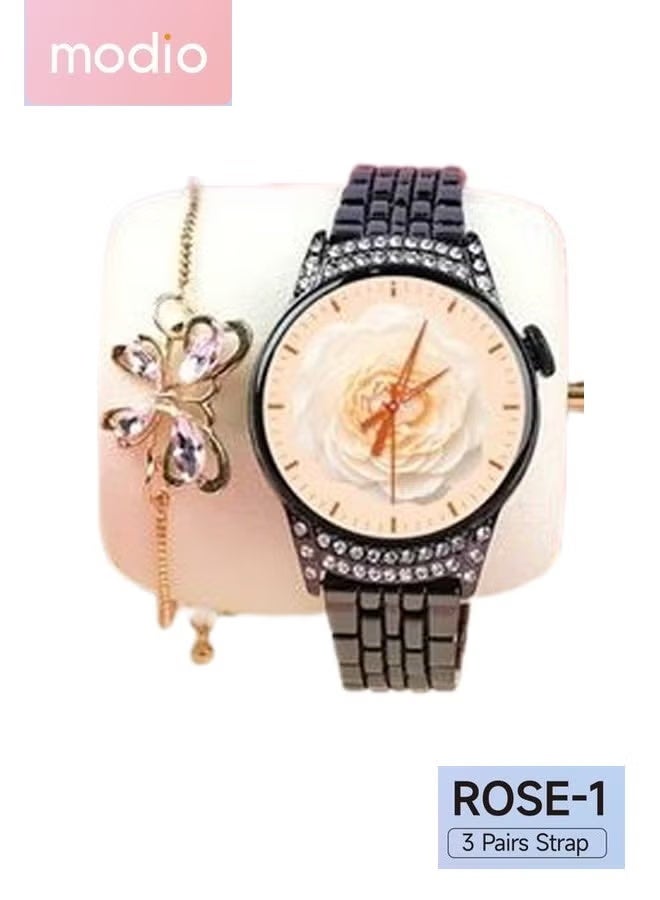 Modio ROSE-1 Women's Smart Watch Gift Set | Rose Gold Metal Strap, Health Monitoring, Includes 3 Extra Straps & Butterfly Bracelet - Image 1