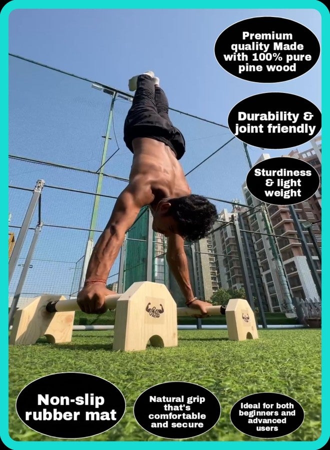 Calistreet workout متوازيات خشبية من كالي ستريت للتمارين الرياضية - معدات تمارين رياضية، حامل قضيب تمارين الضغط، حامل تمارين الضغط، متوازيات غير قابلة للانزلاق، شديدة التحمل، قضيب يوغا (خشب صنوبر بني) - Image 2