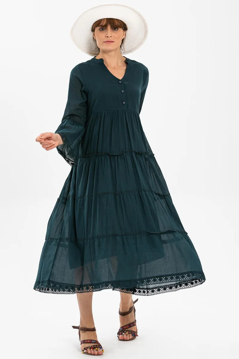Eliş Şile Bezi Tiered Emerald Dress