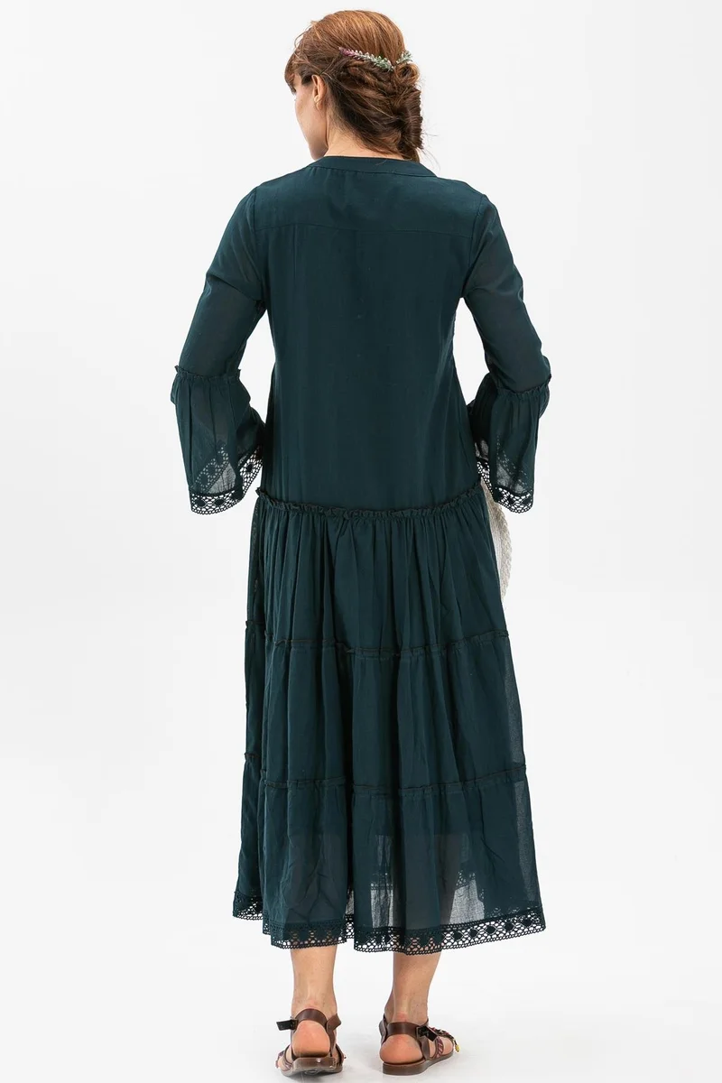 Eliş Şile Bezi Tiered Emerald Dress
