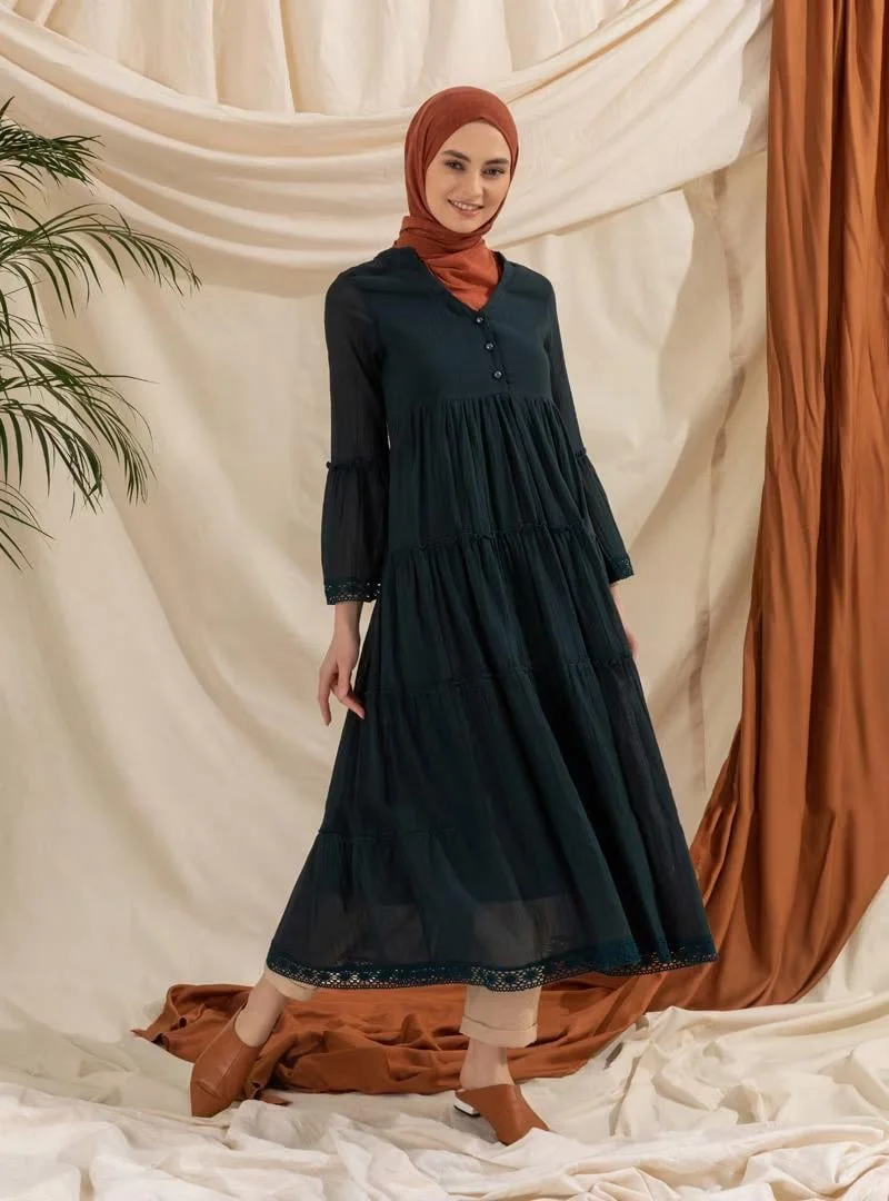 Eliş Şile Bezi Tiered Emerald Dress