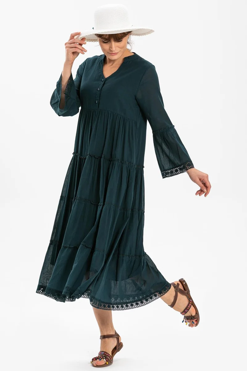 Eliş Şile Bezi Tiered Emerald Dress