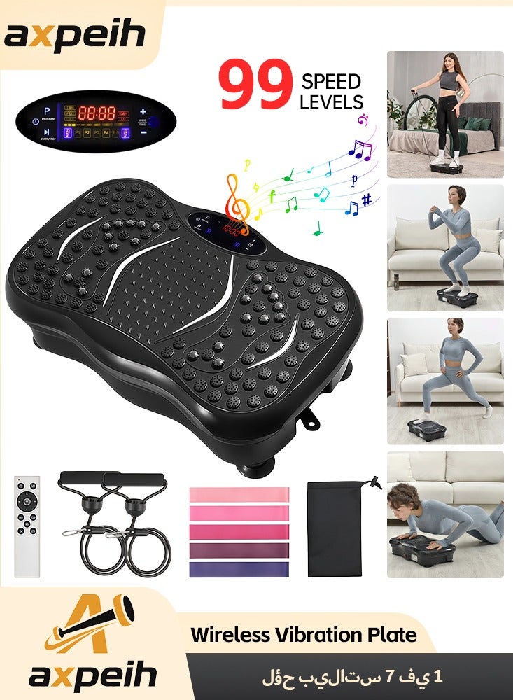منصة لياقة بدنية لاسلكية مع اهتزاز، جهاز تمرين للاهتزاز وتصريف اللمف، هزاز كامل الجسم مع مكبر صوت بلوتوث، 5 أوضاع للتمارين، 99 مستوى اهتزاز، جهاز تحكم عن بعد لاسلكي وأشرطة مقاومة - أقصى تحميل 330 رطلاً. - Image 1