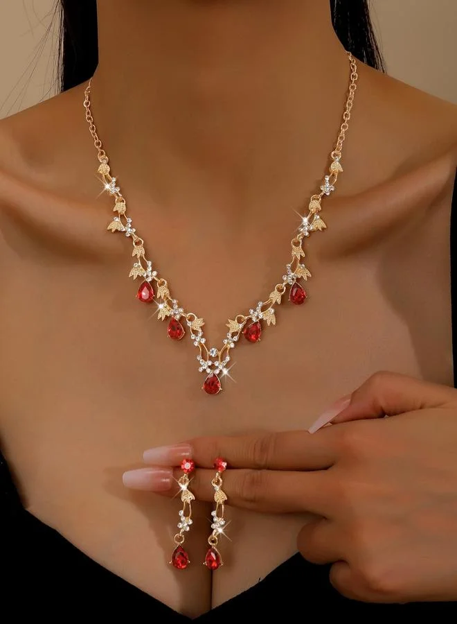 تايك تو طقم مجوهرات قلادة وأقراط مزينة بأحجار الراين قطعتين