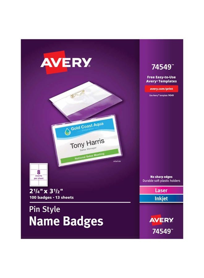 AVERY Avery Customizable Name Badges with Pins, 2.25" x 3.5", Clear Name Tag Holders with White Printable Inserts, 100 Pin Style Name Badges (74549) - Image 1