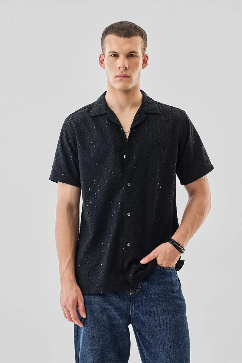 سنيتش Black Embroidered Half Sleeve Boxy Shirt