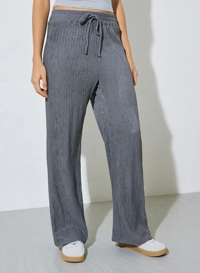 Styli Grey Textured Wide Leg Drawstring Pants