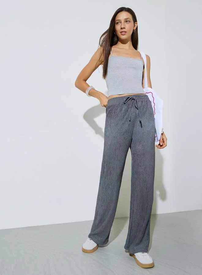 Styli Grey Textured Wide Leg Drawstring Pants