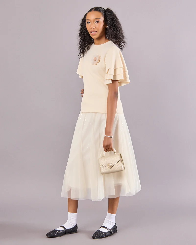 Redtag Senior Girls Cream Sequins Tulle Skirt