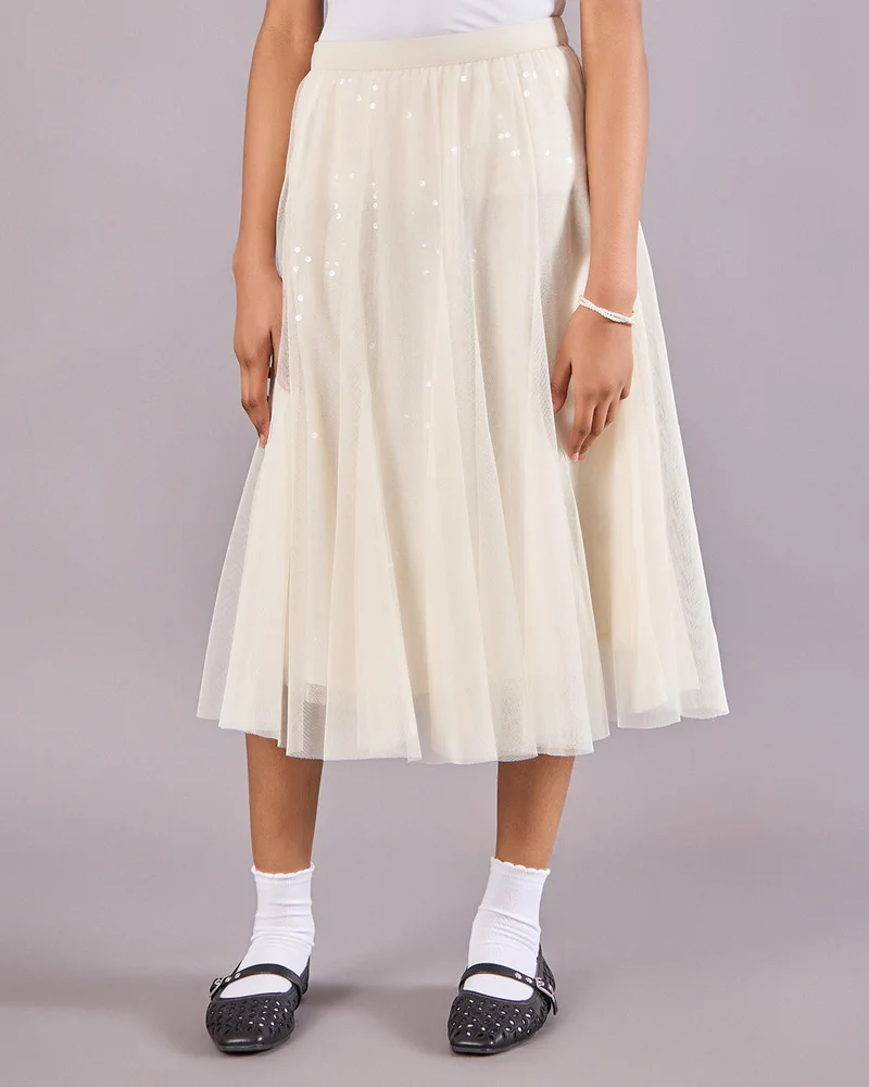 Redtag Senior Girls Cream Sequins Tulle Skirt