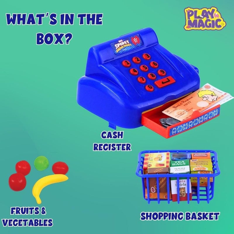 PlayMagic Store Spiderman Cash Register Playset for Kids|Educational Pretend Play Set for 3-10 Years|Interactive Learning with Food Items, Coins, Shopping Basket for Boys & Girls - Image 3