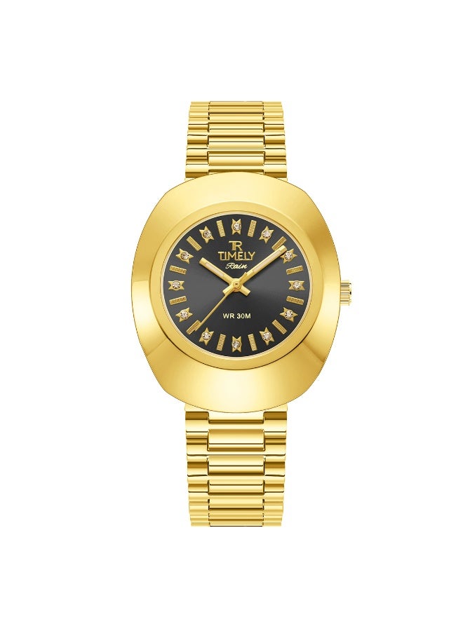 TR TIMELY RAIN Men's Quartz Classic Wrist Watch Gold Stainless Steel Black Dial - Image 1