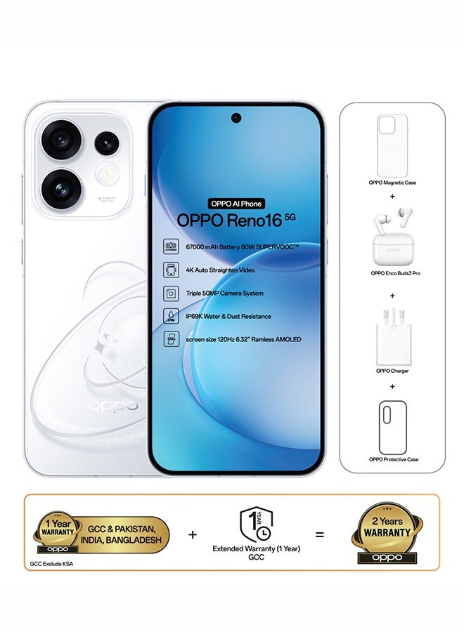 OPPO Reno16 AI Phone Dual SIM 5G Pop White 12GB RAM 256GB With OPPO Enco Buds3 Pro + OPPO Magnetic Case - Middle East Version - Image 1