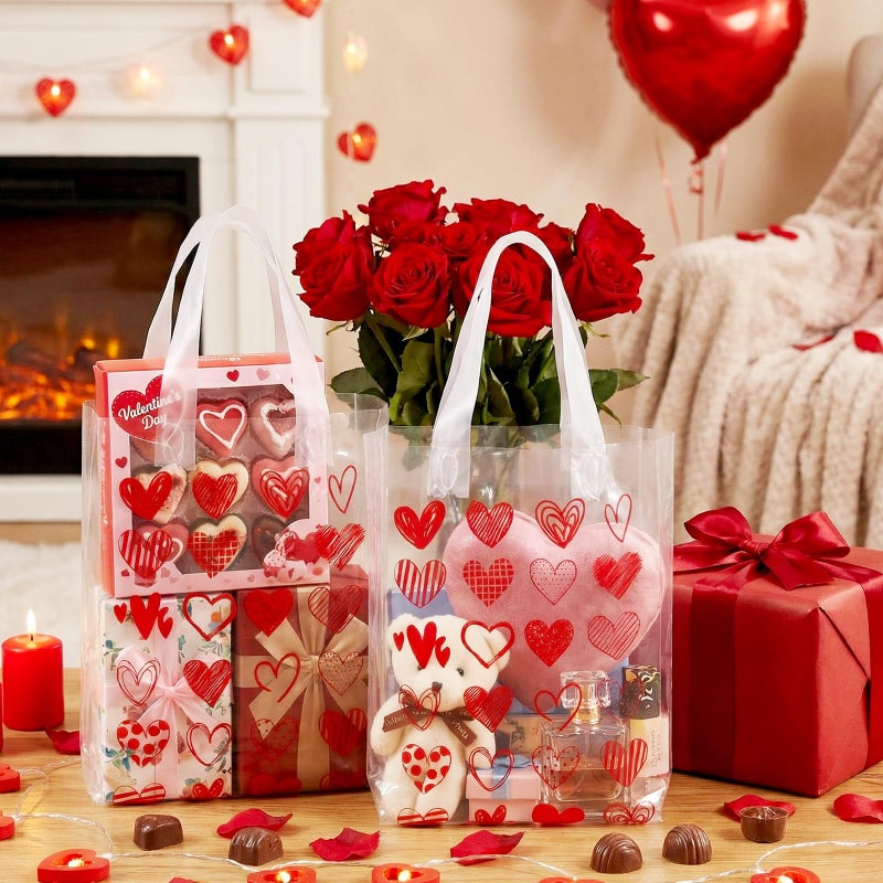 Pajean 25 Pcs Valentine's Day Plastic Gift Bags with Handles, 5.9 x 8.7 x 3.1 Inch Heart Design PE Treat Bags, Red and Pink Candy Goodie Pouches for Classroom Exchange, Party Favor, Wedding Supplies - Image 3