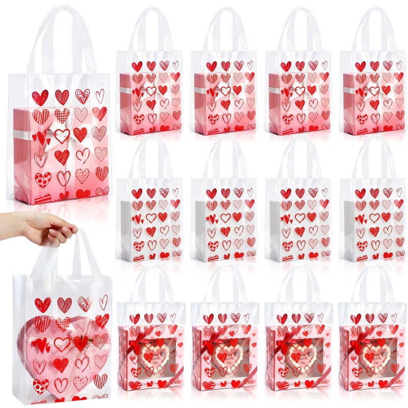 Pajean 25 Pcs Valentine's Day Plastic Gift Bags with Handles, 5.9 x 8.7 x 3.1 Inch Heart Design PE Treat Bags, Red and Pink Candy Goodie Pouches for Classroom Exchange, Party Favor, Wedding Supplies - Image 1