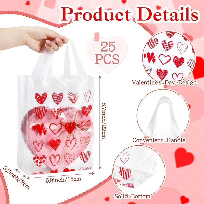 Pajean 25 Pcs Valentine's Day Plastic Gift Bags with Handles, 5.9 x 8.7 x 3.1 Inch Heart Design PE Treat Bags, Red and Pink Candy Goodie Pouches for Classroom Exchange, Party Favor, Wedding Supplies - Image 2