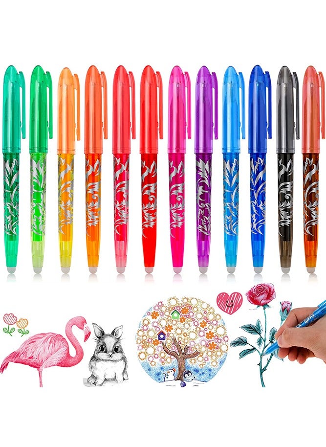 12 Color Pens, Erasable Pens Erasable Rollerball Pen, 0.5mm Tip Rubber Pen, Ink Eraser Pen, Erasable Gel Pens for Kids Adults School Supplies Office Stationery, Color Hot Water Type Erasable Pen