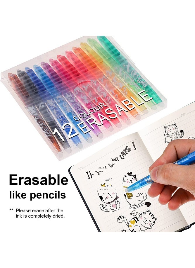 12 Color Pens, Erasable Pens Erasable Rollerball Pen, 0.5mm Tip Rubber Pen, Ink Eraser Pen, Erasable Gel Pens for Kids Adults School Supplies Office Stationery, Color Hot Water Type Erasable Pen