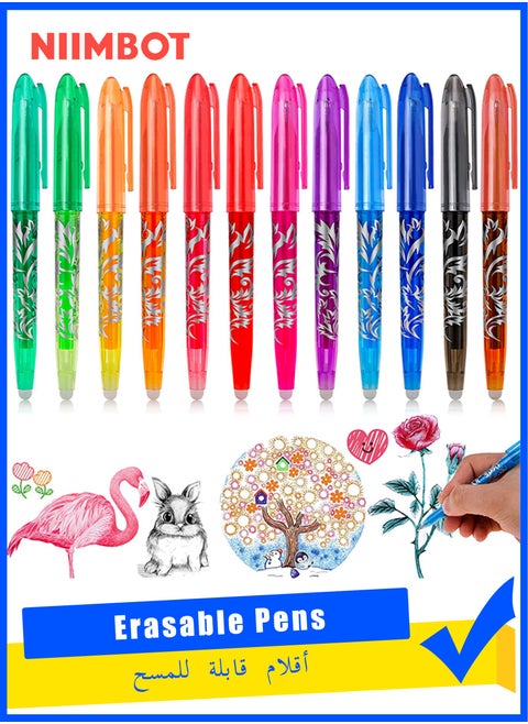 12 Color Pens, Erasable Pens Erasable Rollerball Pen, 0.5mm Tip Rubber Pen, Ink Eraser Pen, Erasable Gel Pens for Kids Adults School Supplies Office Stationery, Color Hot Water Type Erasable Pen