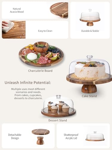 Kanwone Acacia Wood Cake Stand with Acrylic Lid - 12in Cake Plate, Multi-Functional Dessert Table Display Set, Charcuterie Board, Cake Holder with Dome, Detachable Design - Image 3