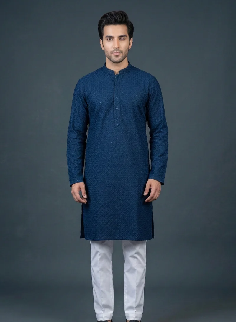 Lehar Midnight Blue Chikankari Embroidered Kurta Set with Slim-Fit Trousers