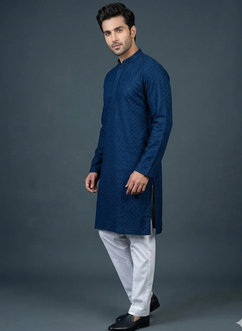 Lehar Midnight Blue Chikankari Embroidered Kurta Set with Slim-Fit Trousers