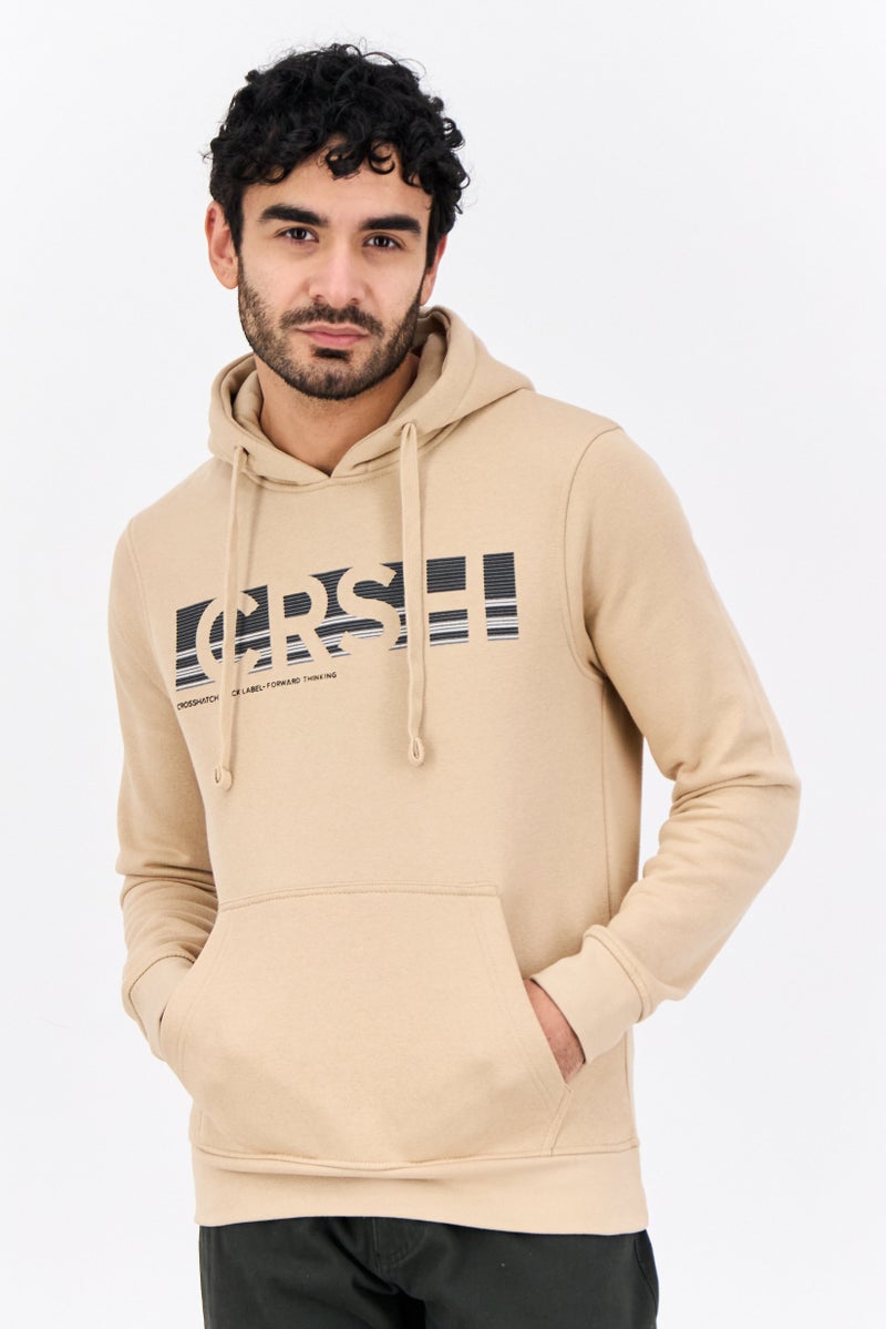 CROSSHATCH Men Hooded Brand Logo Long Sleeve Sweatshirt, Beige - Image 1