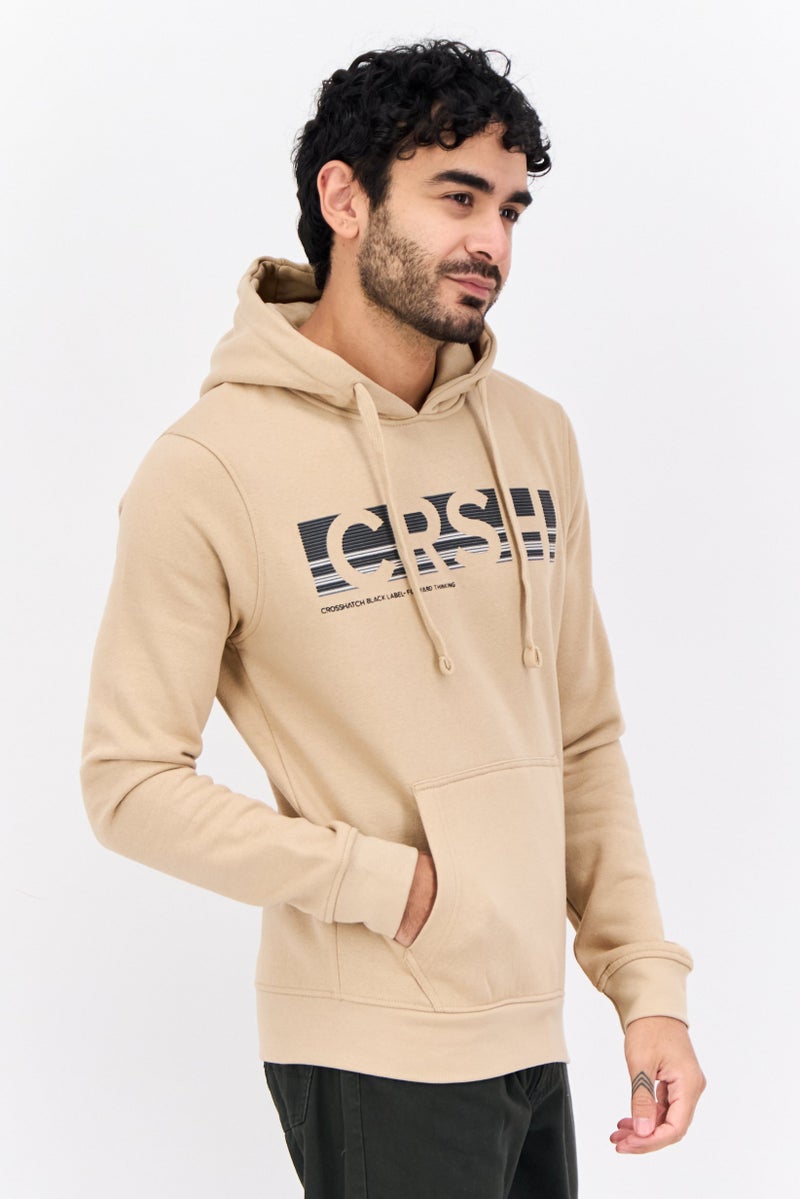 CROSSHATCH Men Hooded Brand Logo Long Sleeve Sweatshirt, Beige - Image 2